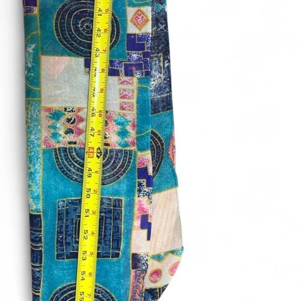 Vintage 90s Whimsigoth Teal Abstract Geometric Patchwork Frayed Raw Edge Scarf